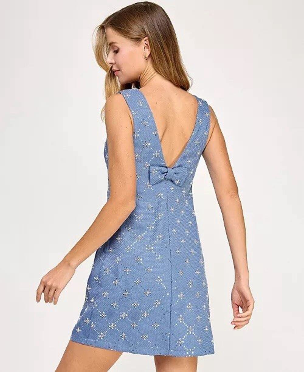 NWT Seni & Cade Bay Blue Embellished Bouclé Shift Dress Sequin Bridal Low Back S